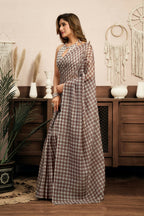 Joban Fashion Beige Checked Linen Ready To Wear Saree With Unstitched Blouse | Grocsy