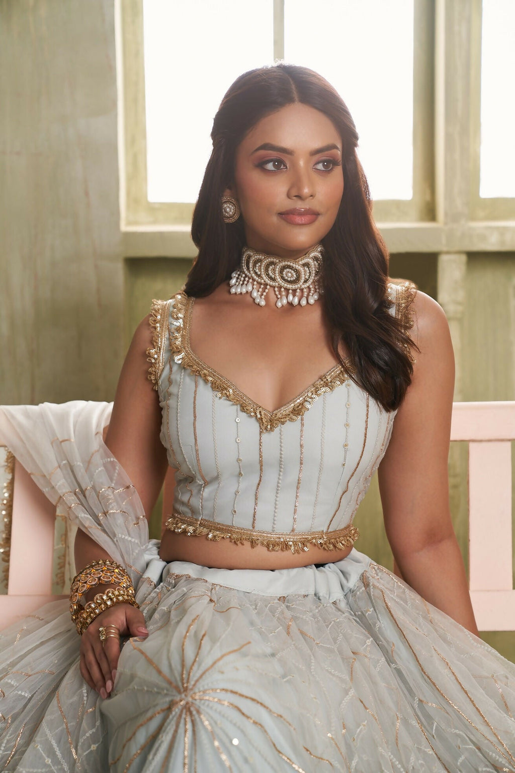 Eilara Light Gray Sequins Net Function Wear Lehenga Choli Set | Grocsy