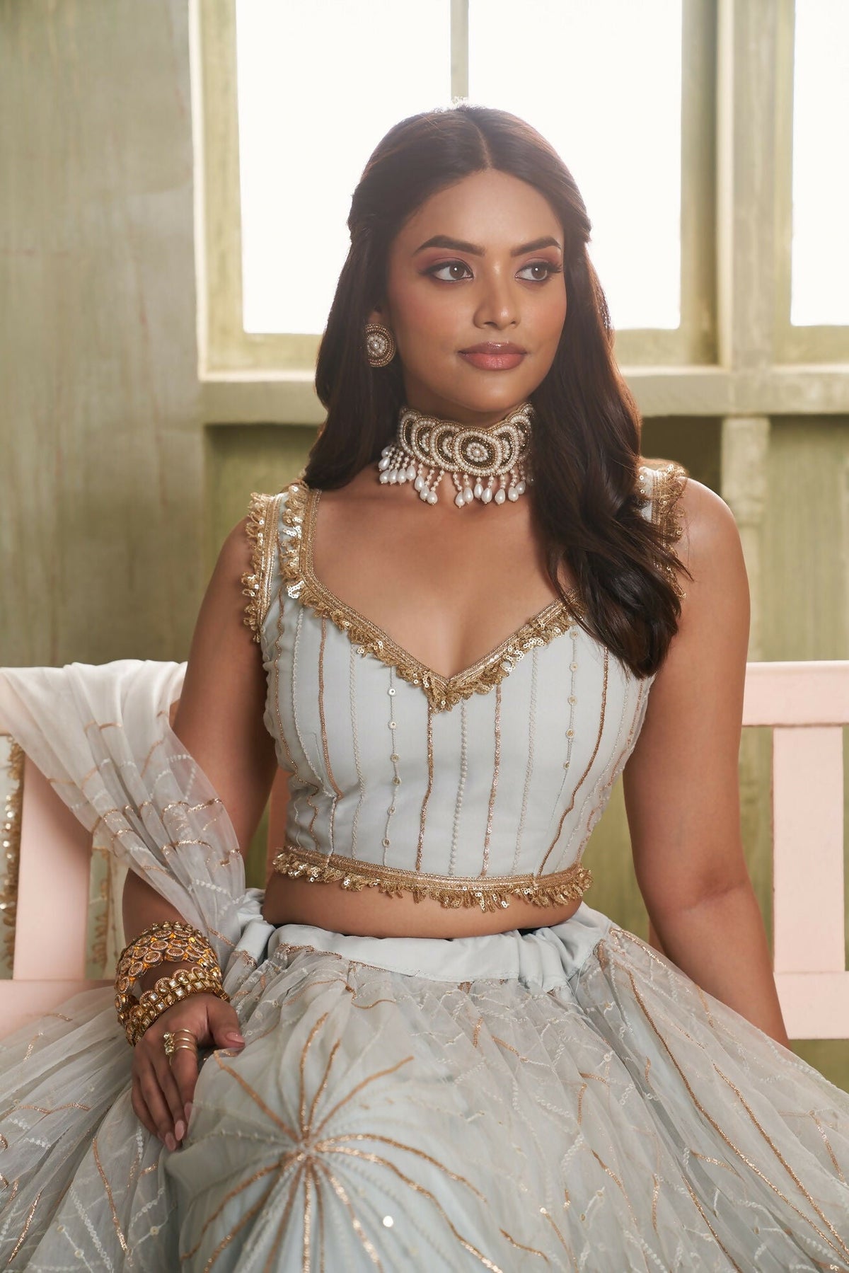 Eilara Light Gray Sequins Net Function Wear Lehenga Choli Set | Grocsy