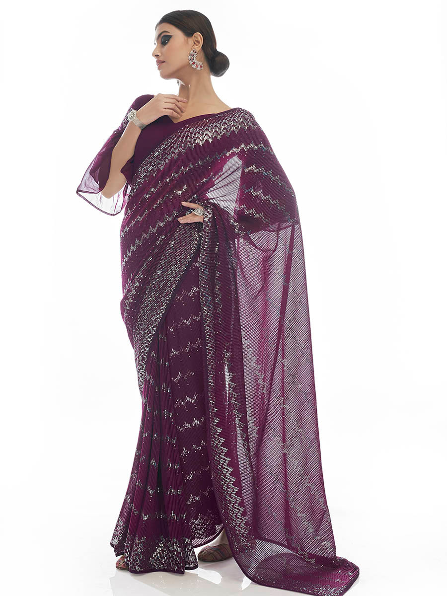 Myra Wine Georgette Embroidered Designer Saree | Grocsy