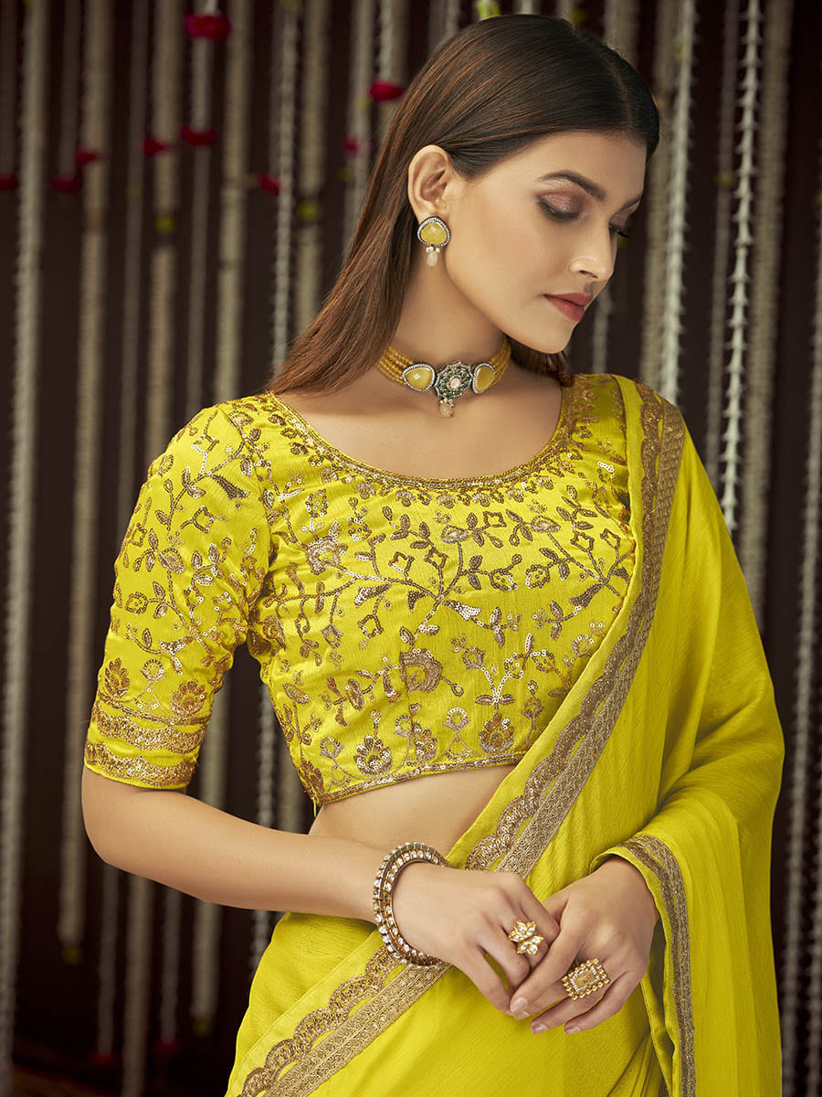 Myra Yellow Chinon Silk Heavy Embroidered Designer Saree | Grocsy