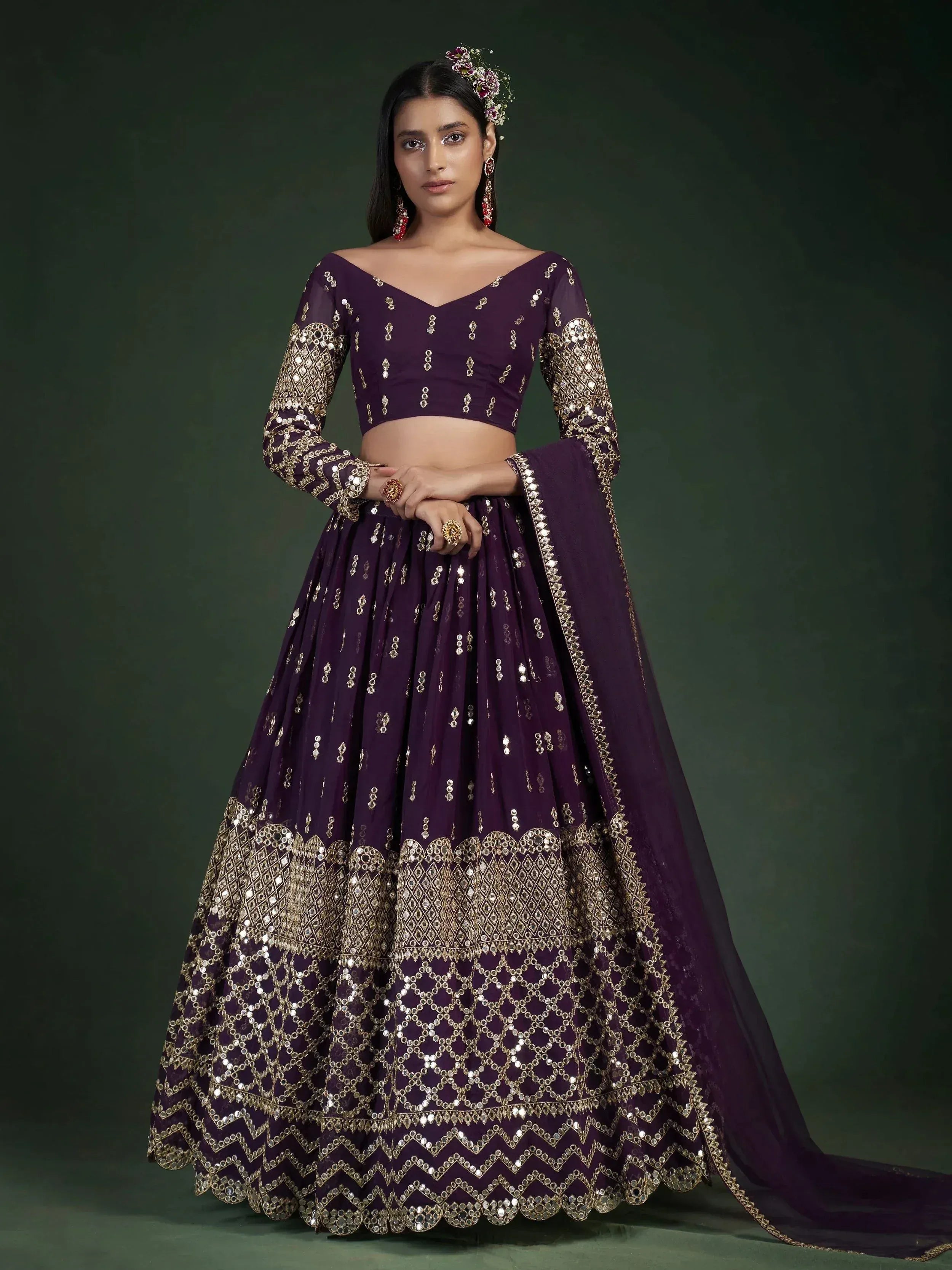 Tulsi Art Alluring Dark Purple Zari Work Georgette Wedding Wear Lehenga Choli | Grocsy