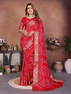 Anaita Red Handmade Bandhej Viscose Silk Saree With Blouse | Grocsy