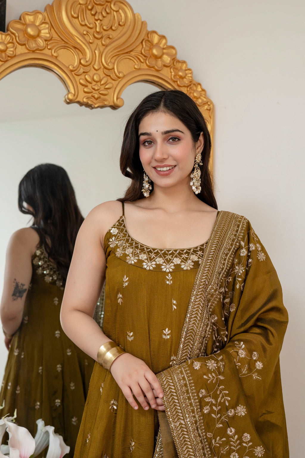 Yash Enterprise Mehndi Vichitra Silk Party Wear Embroidery Suit Set | Grocsy