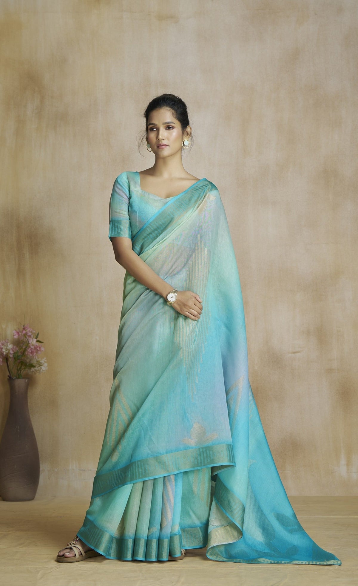 Anaita Turquoise Fancy Fabric With Digital Print Saree With Blouse | Grocsy
