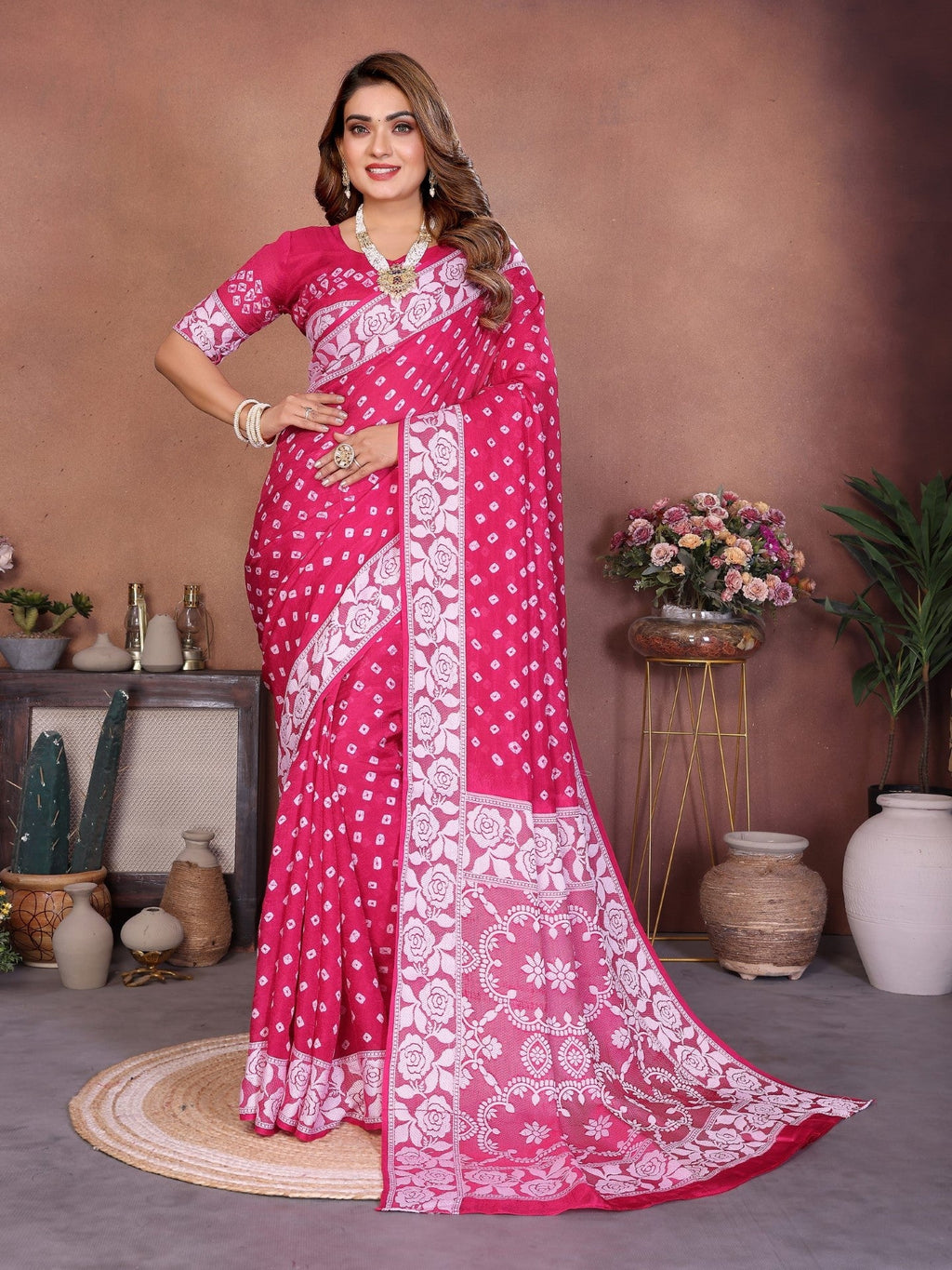 Anaita Pink Handmade Bandhej Viscose Silk Saree With Blouse | Grocsy