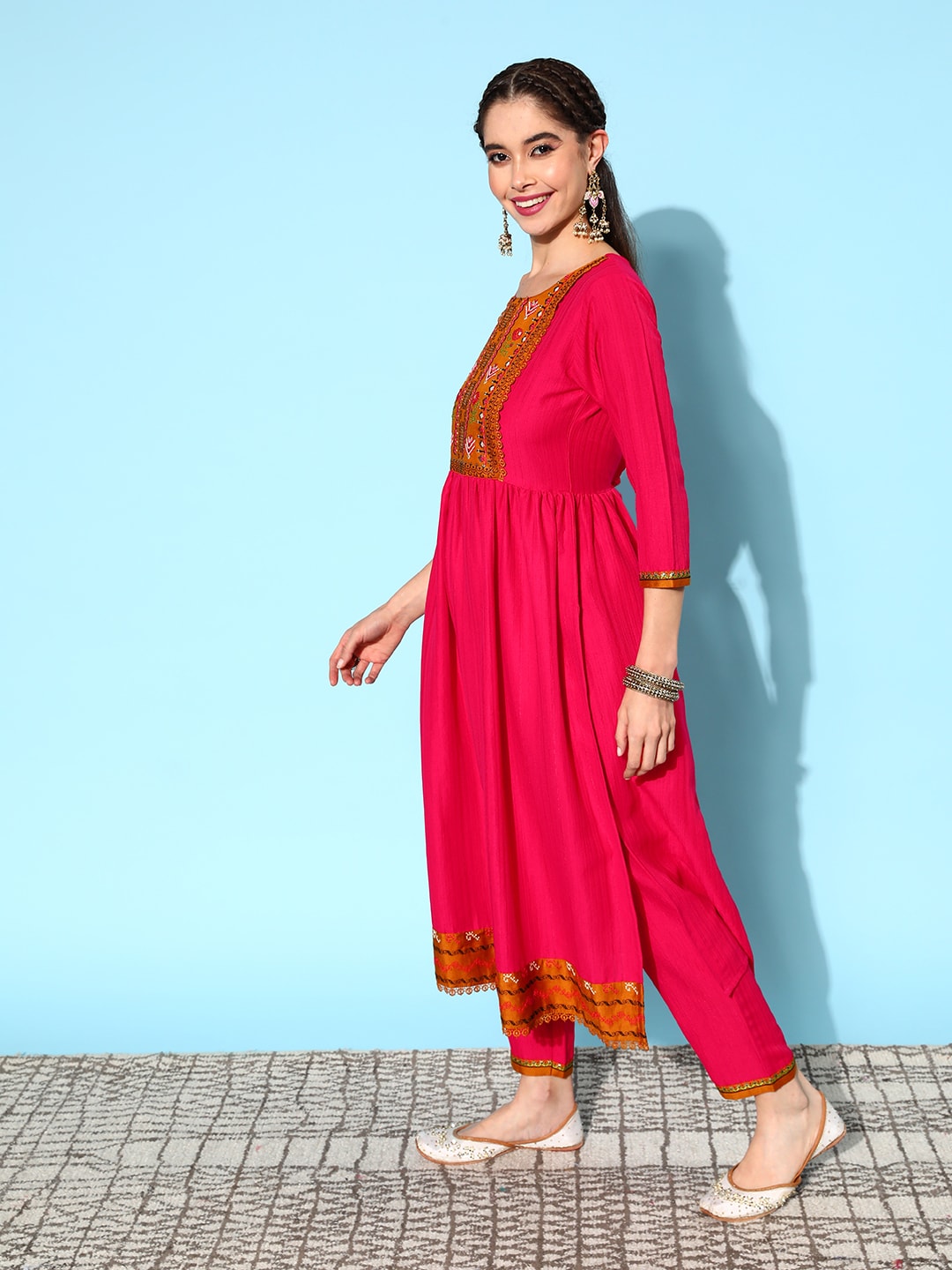 Sangria Ethnic Motifs Yoke Design Pleated Sequinned Kurta with Trousers & Dupatta | Grocsy