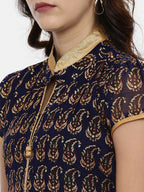 Souchii Navy Blue & Gold Floral Print Fit and Flare Dress | Grocsy