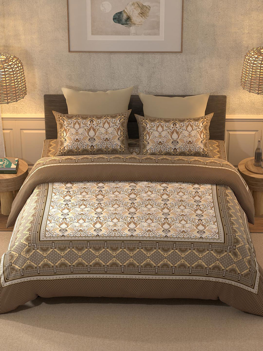 BELLA CASA Brown & Beige Ethnic Motifs Cotton 350 TC King Bedsheet with 2 Pillow Covers | Grocsy