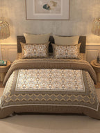 BELLA CASA Brown & Beige Ethnic Motifs Cotton 350 TC King Bedsheet with 2 Pillow Covers | Grocsy