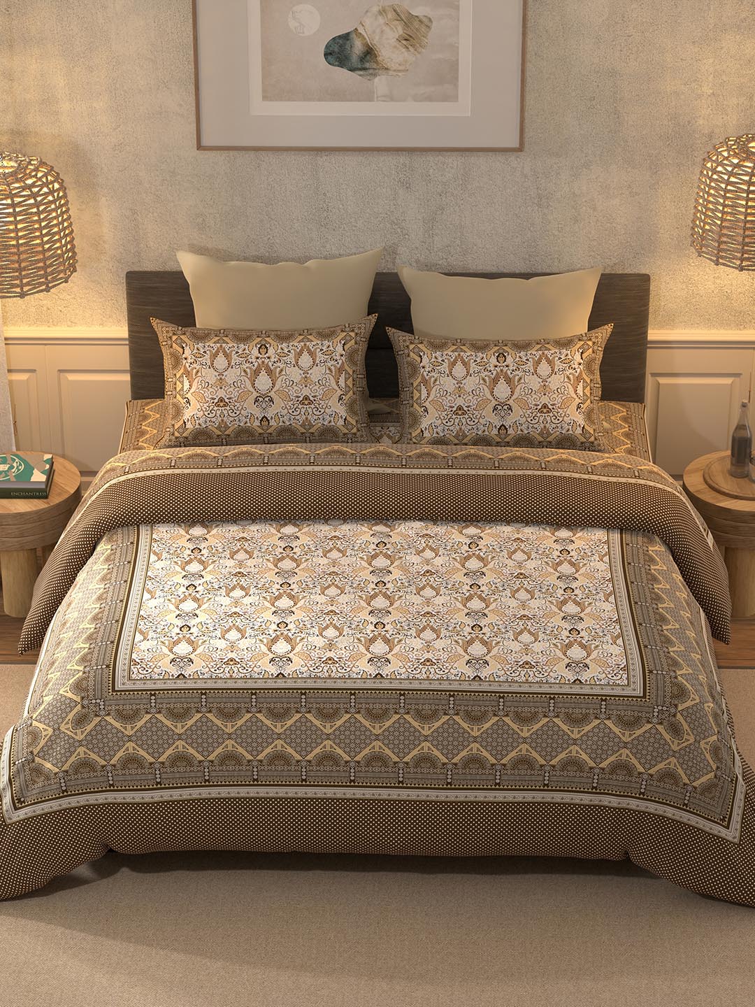 BELLA CASA Brown & Beige Ethnic Motifs Cotton 350 TC King Bedsheet with 2 Pillow Covers | Grocsy