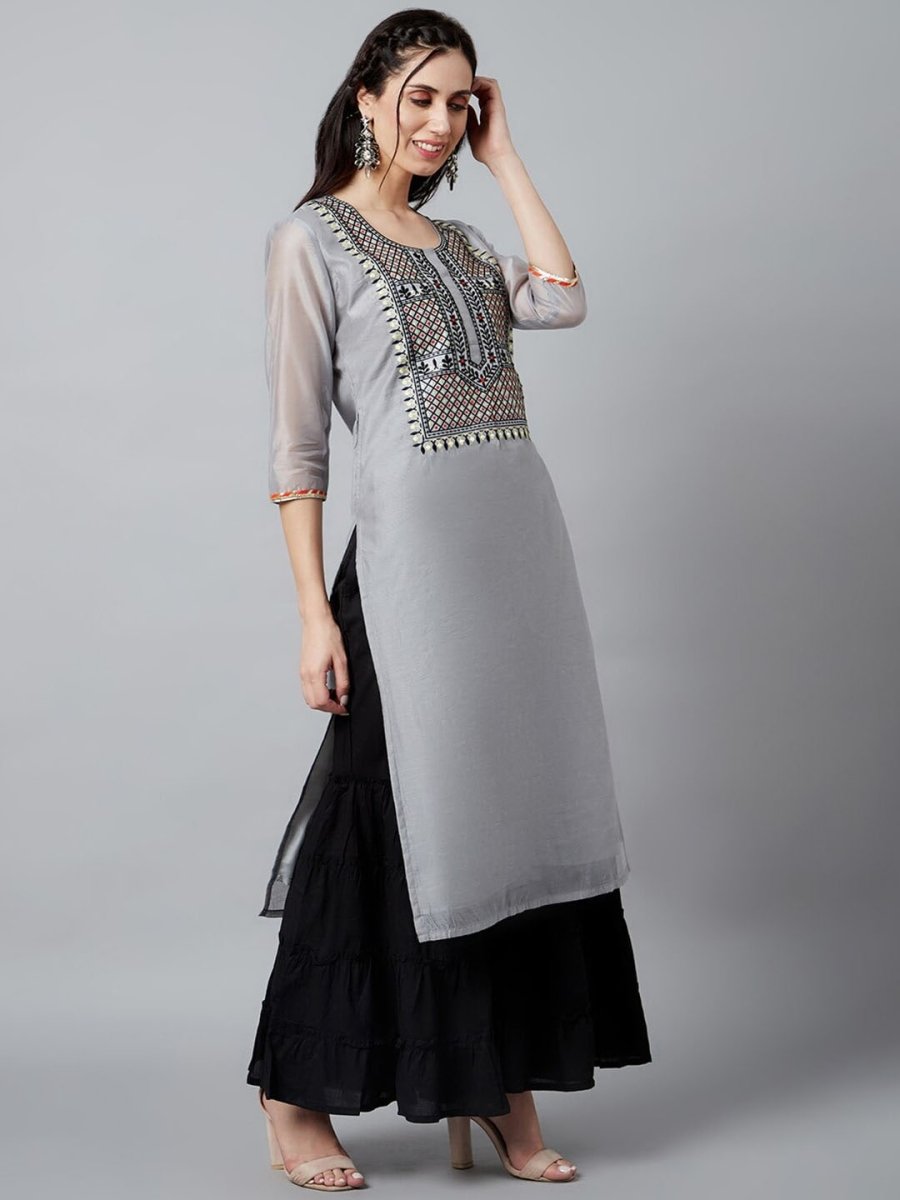 Aks Ethnic Motifs Yoke Design Thread Work Chanderi Silk Kurta | Grocsy