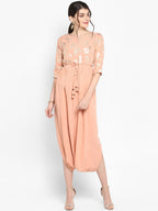 Janasya Women Peach-Coloured & Silver-Toned Printed A-Line Kurta | Grocsy