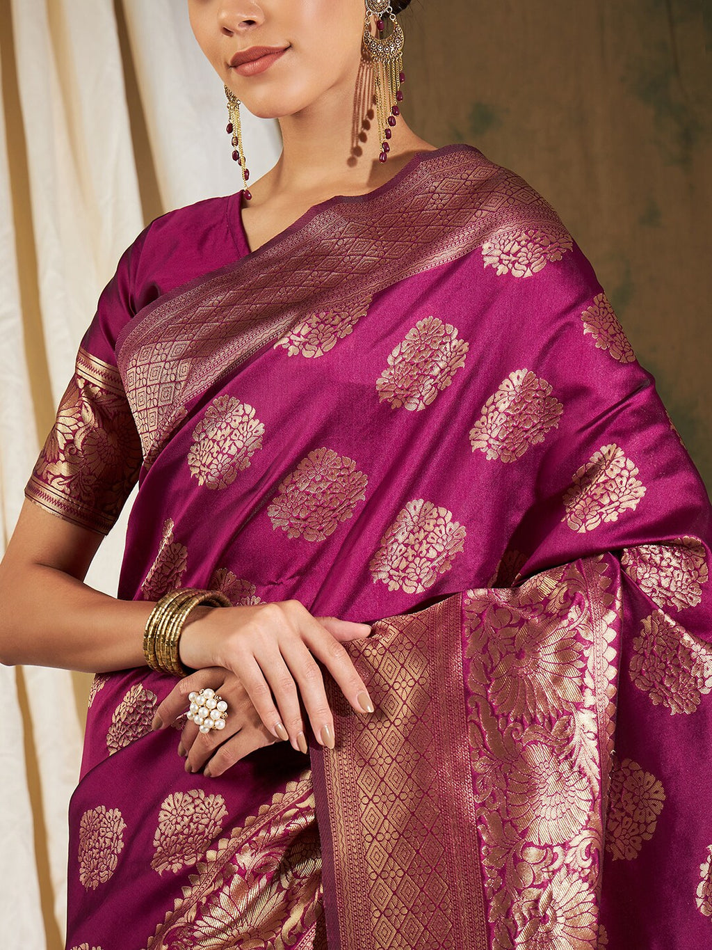 Sangria Burgundy & Gold-Toned Ethnic Motifs Woven Design Zari Silk Blend Banarasi Saree | Grocsy