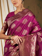 Sangria Burgundy & Gold-Toned Ethnic Motifs Woven Design Zari Silk Blend Banarasi Saree | Grocsy