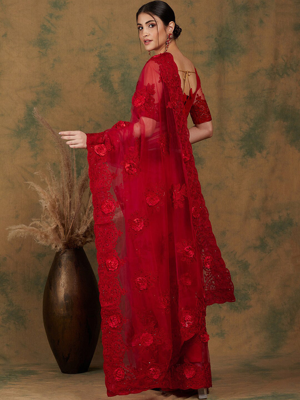 Sangria Red Floral Embroidered Saree | Grocsy