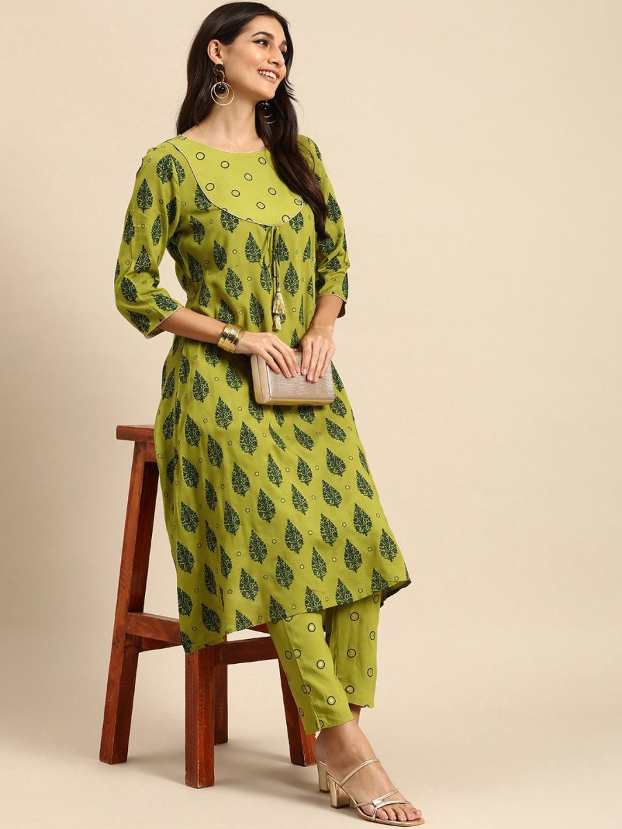 All About You Women Olive Green Ethnic Motifs Printed Empire Kurta with Trousers | Grocsy