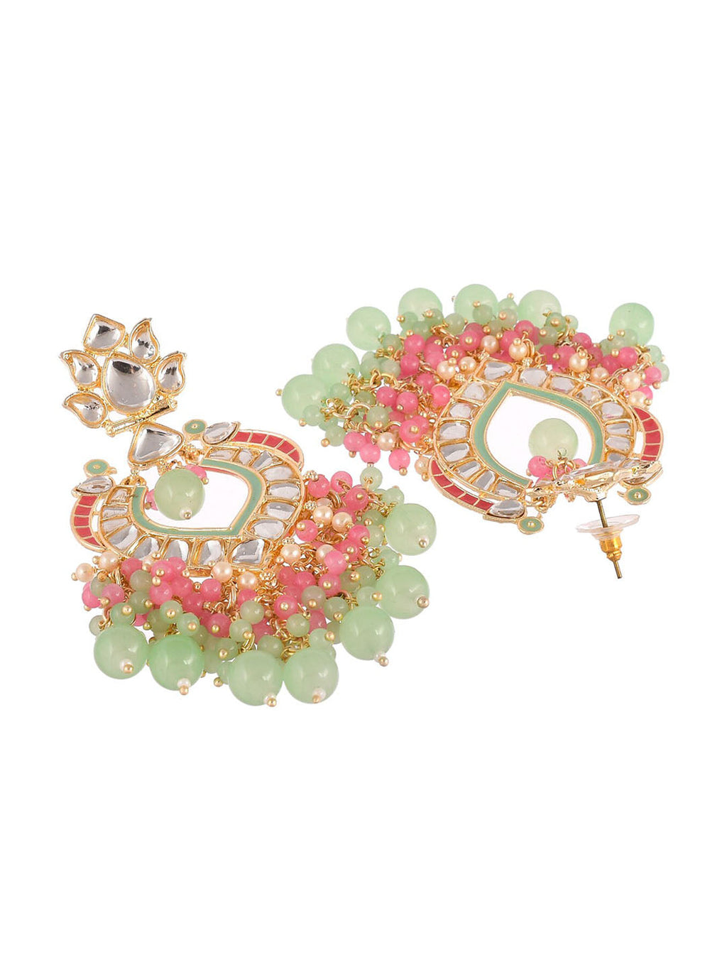 Shoshaa Gold-Polished Green & Pink Enamel Kundan-Studded Drop Earrings | Grocsy