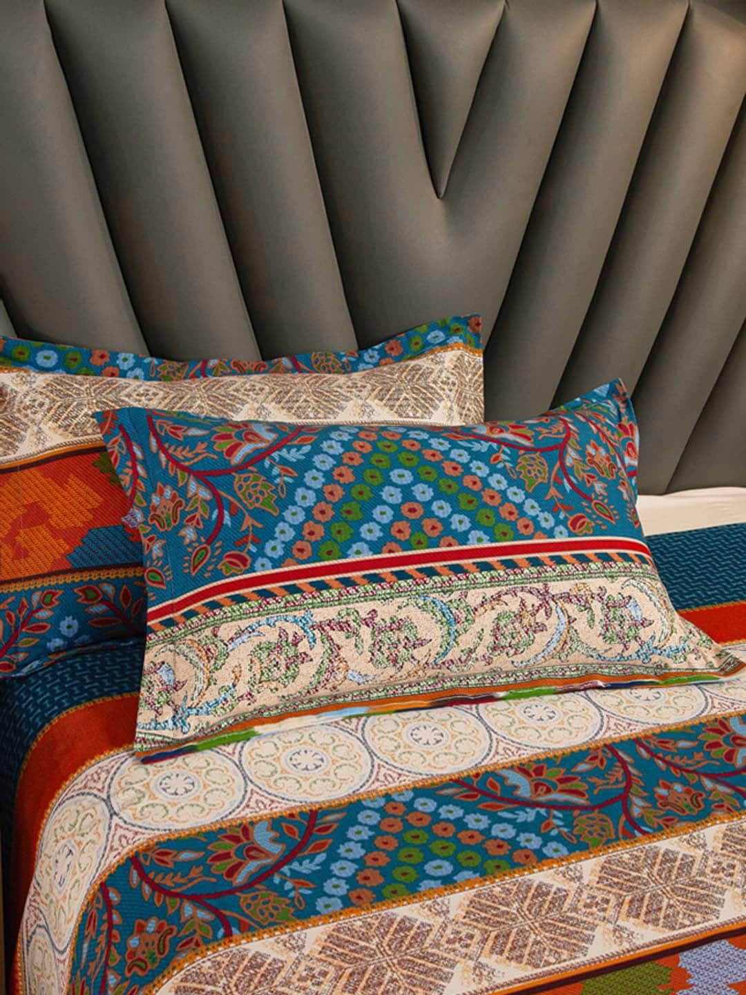 JC Collection Blue & Red Ethnic Motifs 220 TC King Bedsheet with 2 Pillow Covers | Grocsy