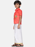 Sethukrishna Boys Red & White Printed Shirt with Dhoti | Grocsy