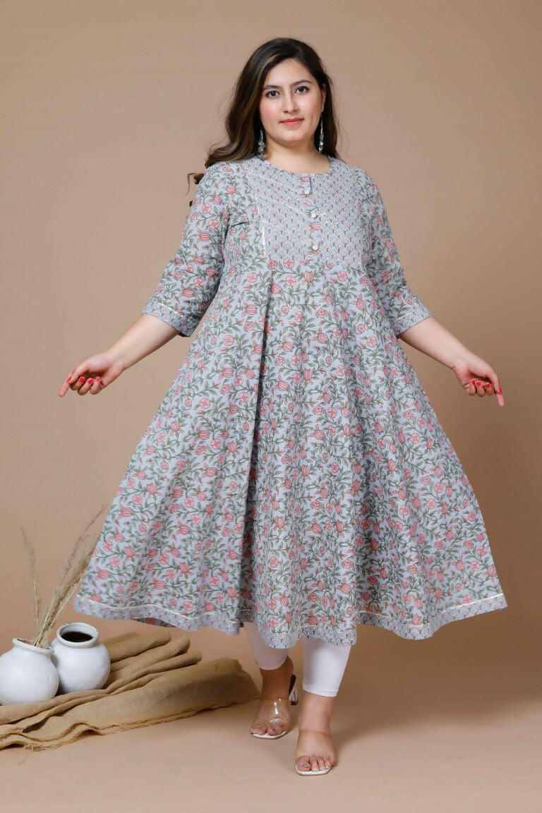 Miravan Women's Plus Size Blue Ethnic Motifs Gotta Patti Pure Cotton Anarkali Kurta | Grocsy