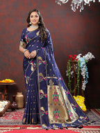 Lorenvalley Fashion Navyblue Soft Paithani Silk Woven Design Gold Zari Meenakari Weaving Saree | Grocsy