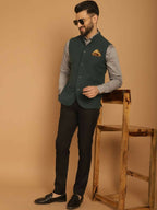 Even Apparels Pure Wool Nehru Jacket - Green | Grocsy