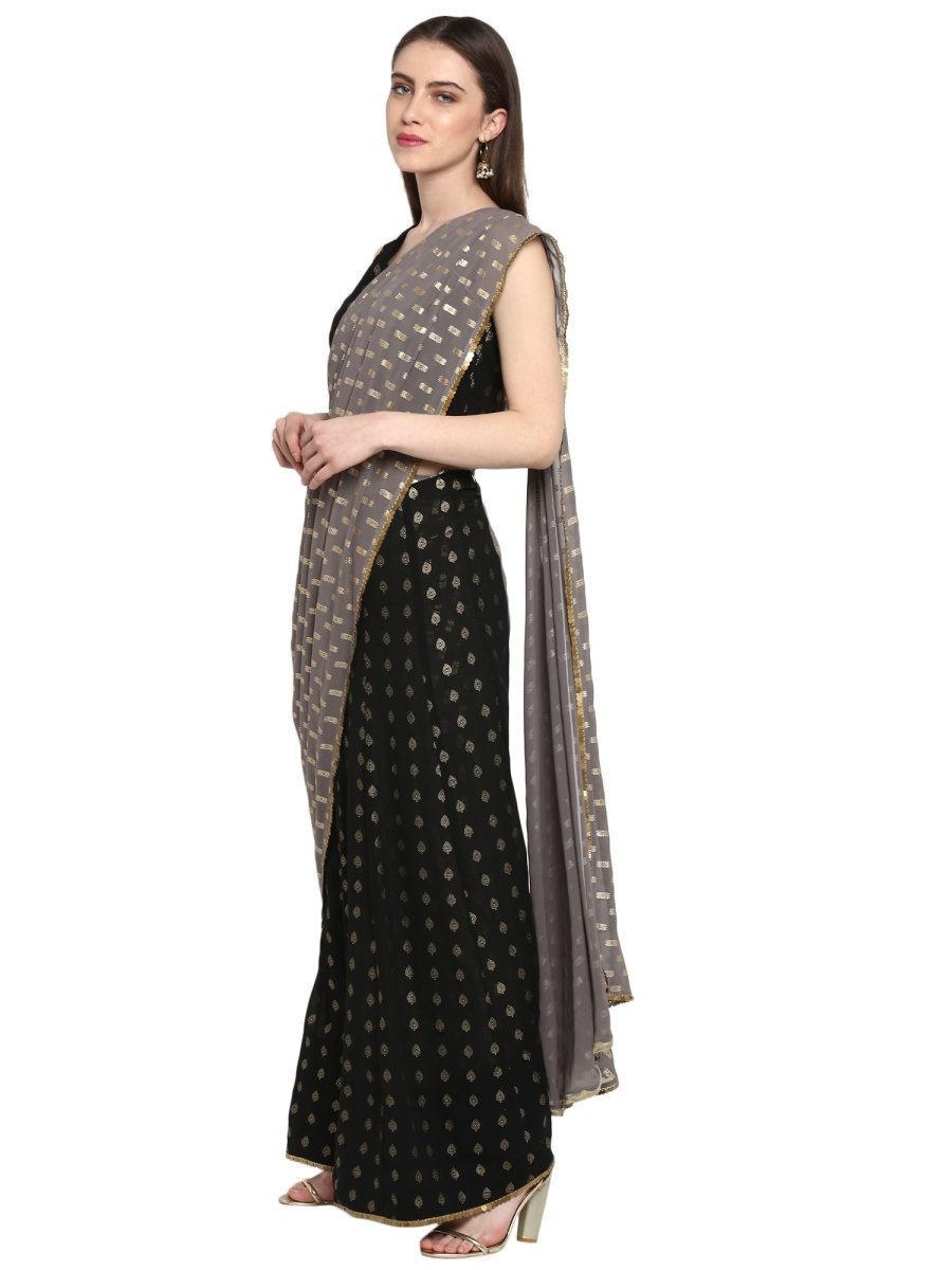 Ahalyaa Women's Black Georgette Foil Print Ready to Wear Saree | Grocsy