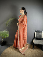 Joban Fashion Peach Bandhej Bandhani Vichitra Silk Bandhani Prints Saree | Grocsy