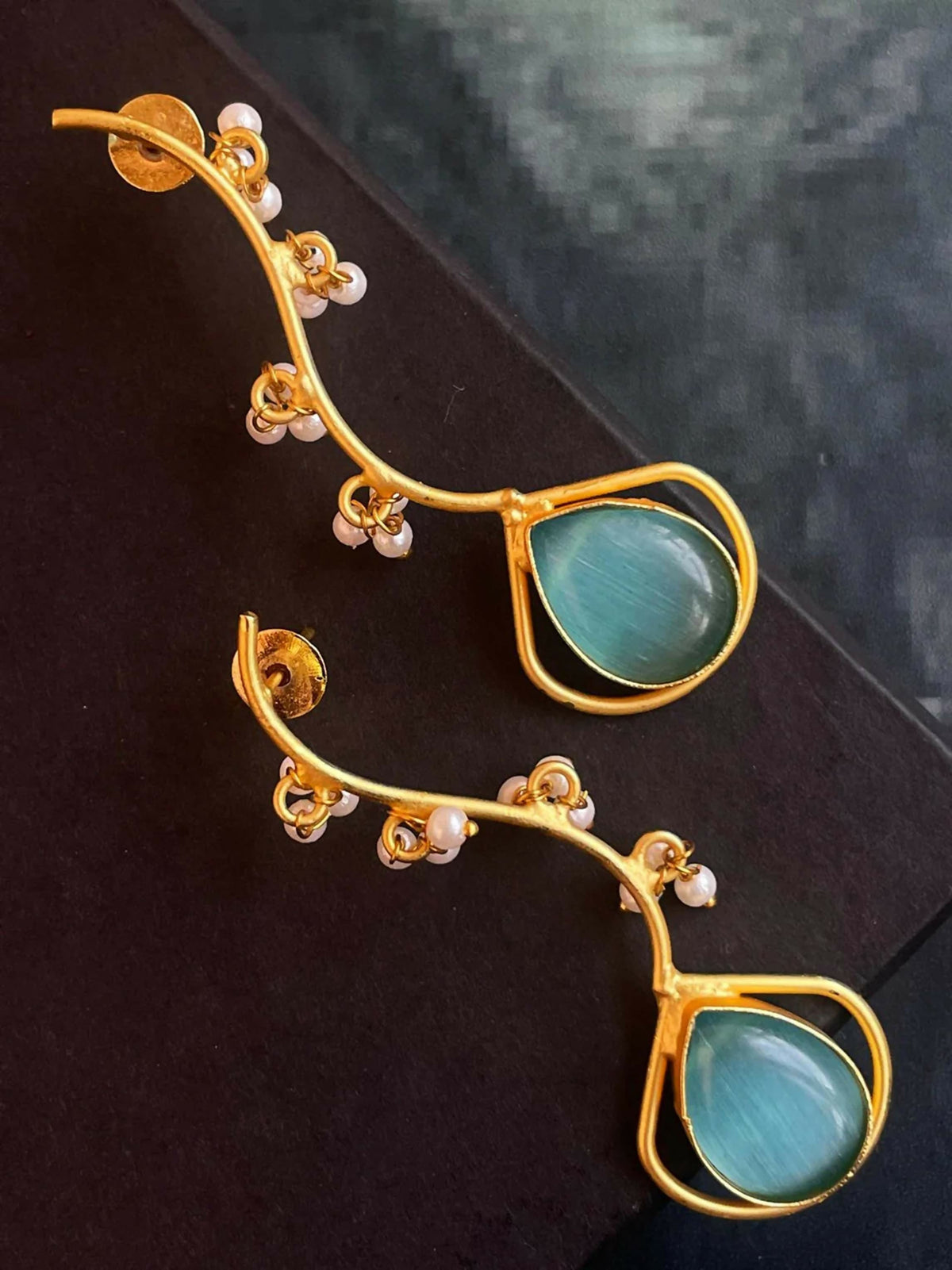 Joban Fashion Women Sky Blue Monalisa Stone Trendy Golden Earring | Grocsy
