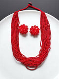 Inhanns Vibrant Handmade 20 Layers Beaded Necklace With Matching Earrings - Red | Grocsy