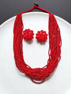 Inhanns Vibrant Handmade 20 Layers Beaded Necklace With Matching Earrings - Red | Grocsy