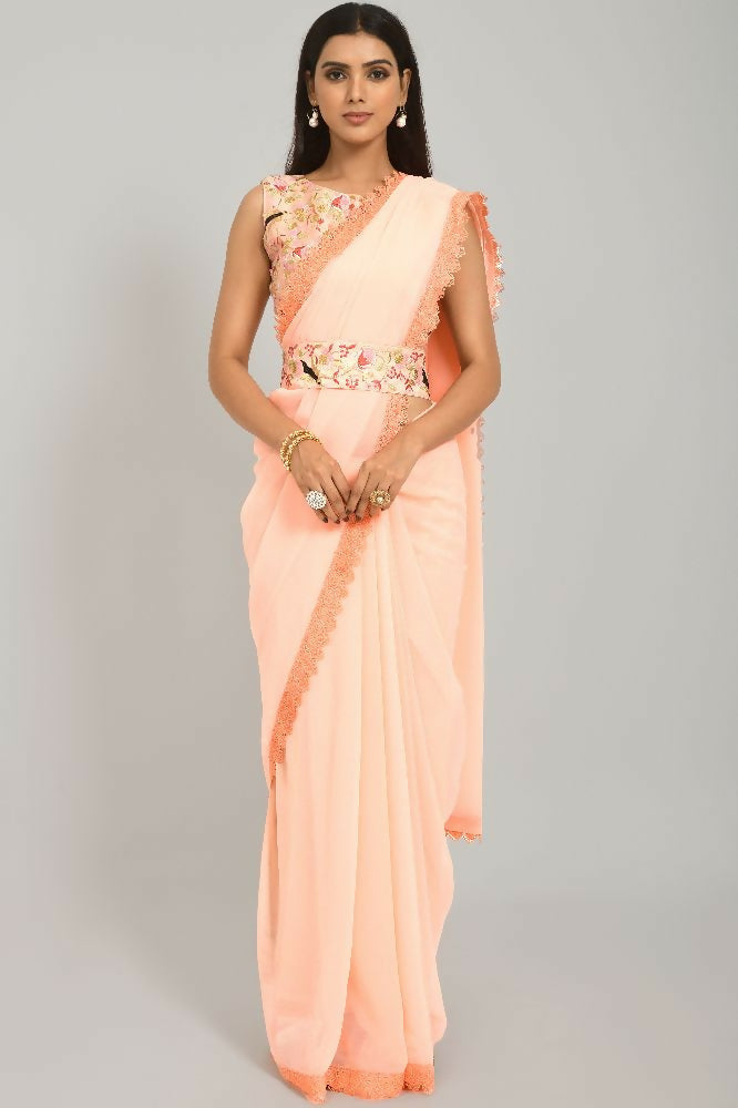 PR Fashion Peach Georgette Gpo Lace Saree | Grocsy