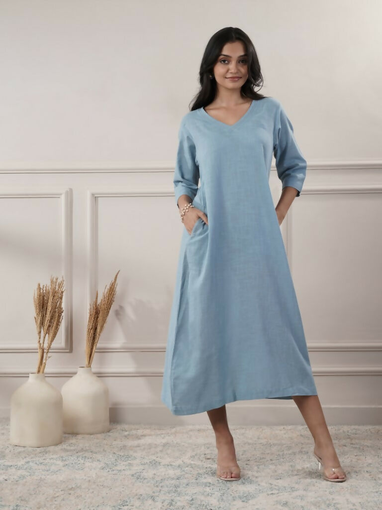 Joban Fashion Women's Smoke Blue V-Neck Dress | Grocsy
