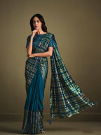 Teal Crystal Silk Sequence Embroidered Saree With Stitched Blouse - Mohmanthan La Belle | Grocsy