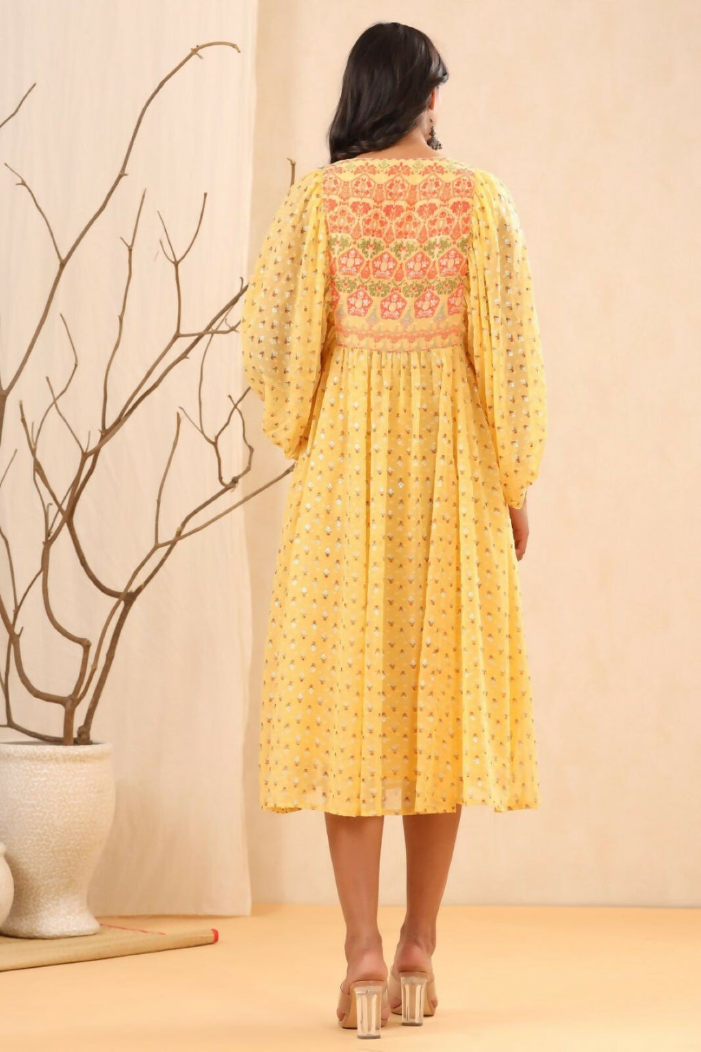 Juniper Yellow Ethnic Motif Printed Georgette Midi Dress With Sequins Work | Grocsy