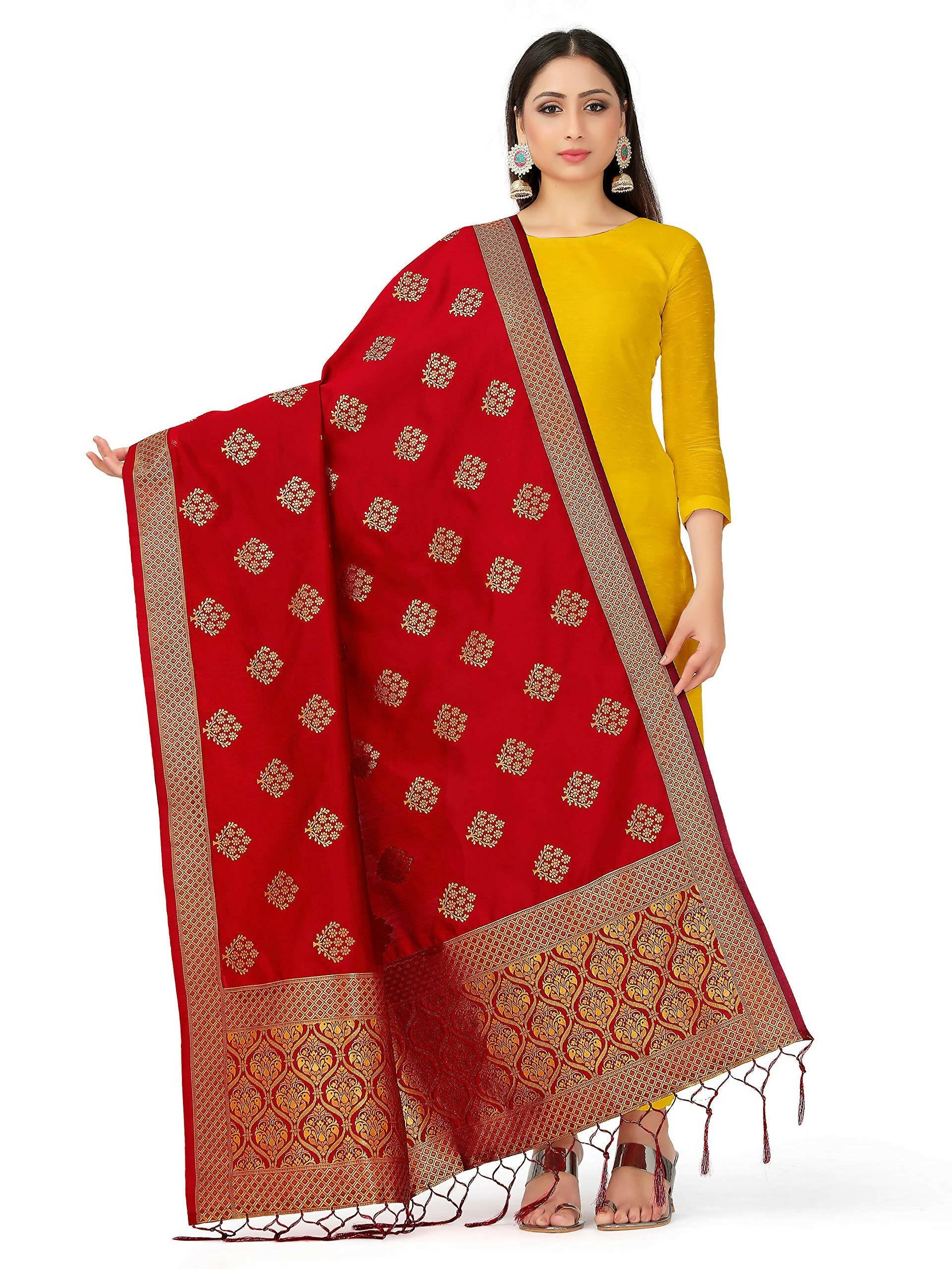Mimosa Women's Banarasi Art Silk Floral Maroon Dupatta (Free Size) | Grocsy
