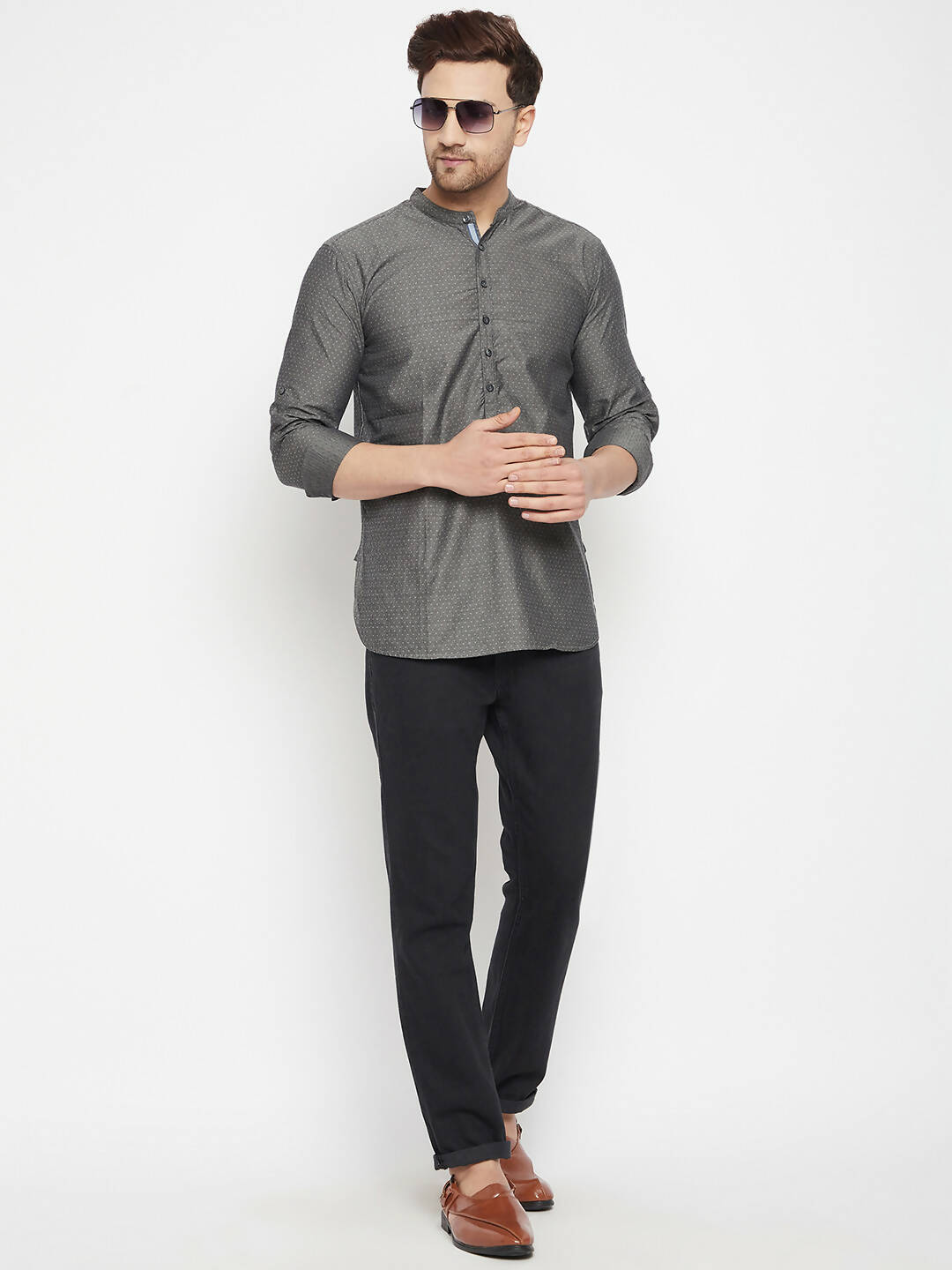 Even Apparels Grey Color Pure Cotton Short Men's Beautiful Kurta With Band Collar | Grocsy