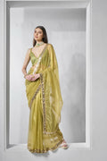 Green Gold Tissue Net Solid & Gold Cotted Saree - Samaa | Grocsy