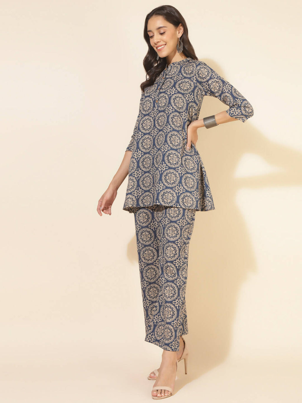 Janasya Women's Blue Cotton Ethnic Motifs Casual Regular Co-ords | Grocsy