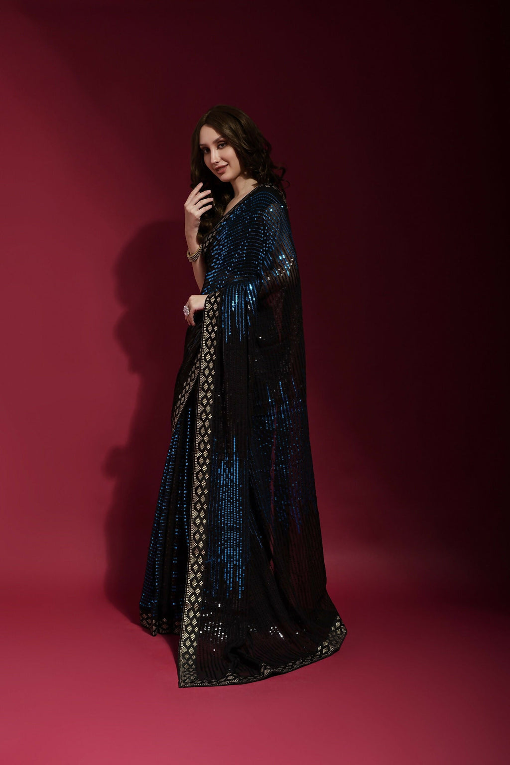 Vegaa Fashion Black Georgette Embroidered Party Wear Saree | Grocsy