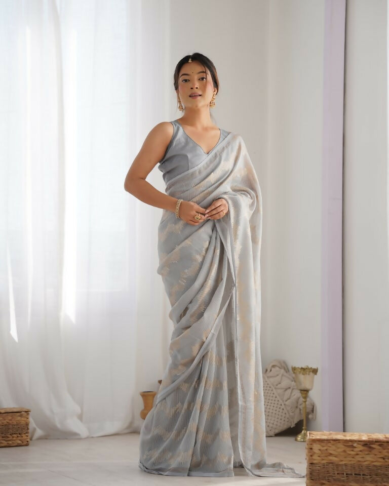 Grey Georgette Sequance Embroidery Work Border Saree - Sitare | Grocsy