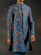 Navy Blue Coral Voyage Hand Embroidered Indowestern Sherwani by Hilo Design | Grocsy