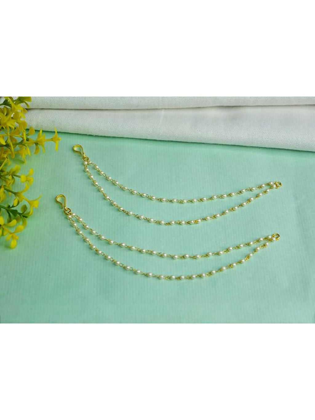 NVR Pearl Studded Classic Gold-Polished 2 Line Ear Chain Ear Cuff | Grocsy