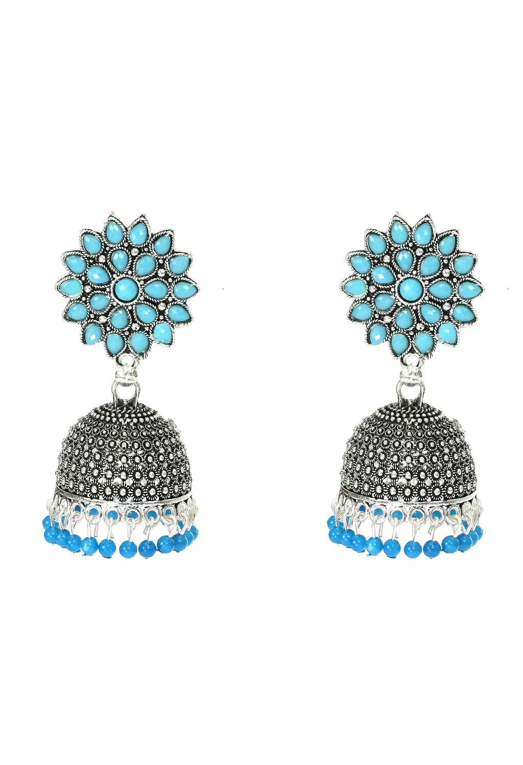 Mominos Fashion Joharkamal Kundan work Jhumka with Sky Blue Beads