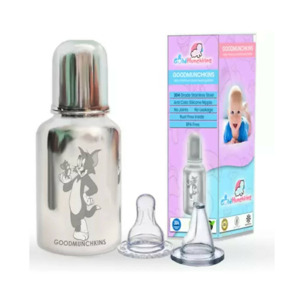 Goodmunchkins Stainless Steel Feeding Rustfree Bottle with 2 Anti Colic Silicone Nipple For Kids 300ml | Grocsy
