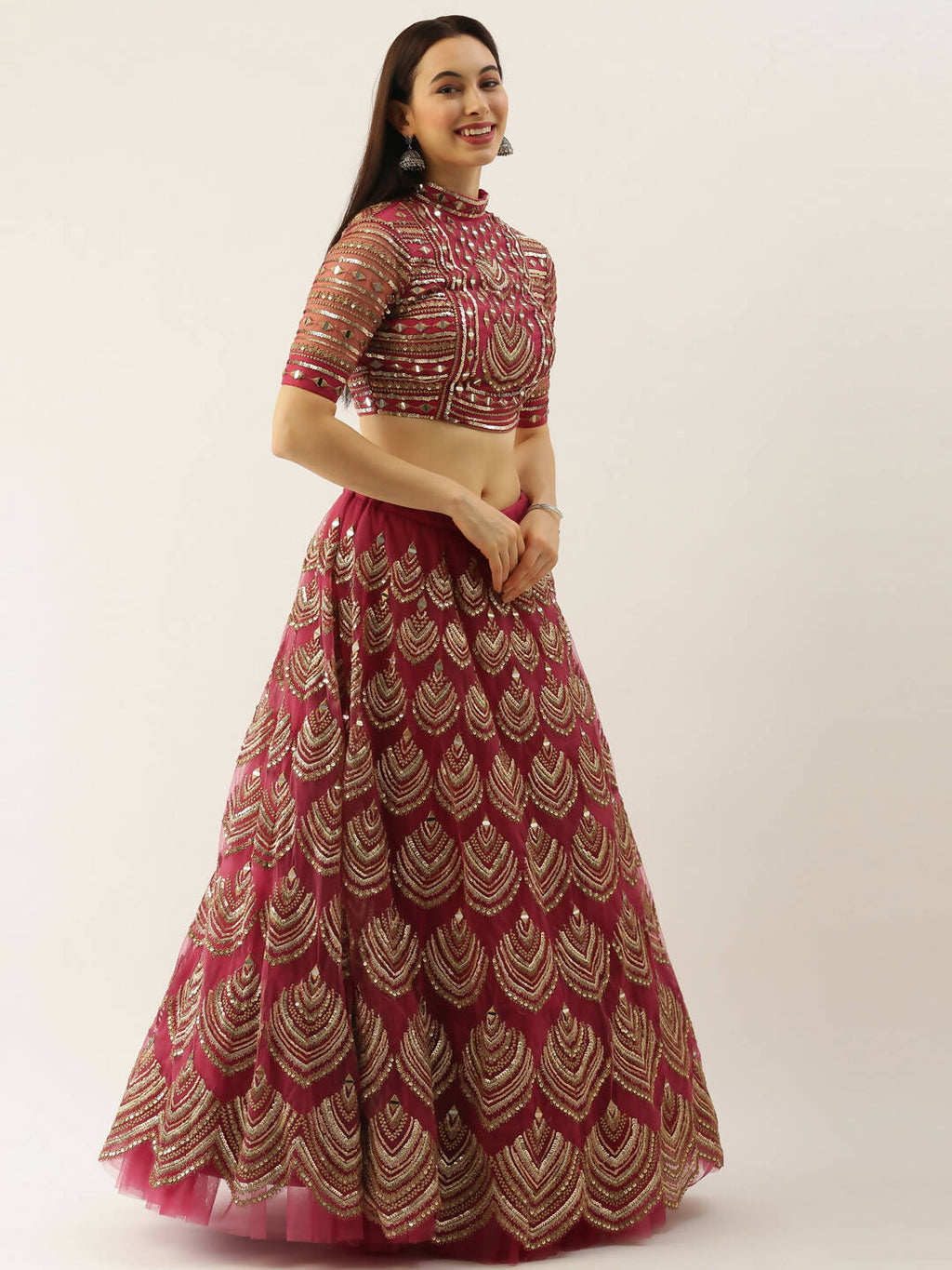 House of Panchhi Women Rosegold Net Embroidered Mirror Lehenga & Blouse with Dupatta | Grocsy