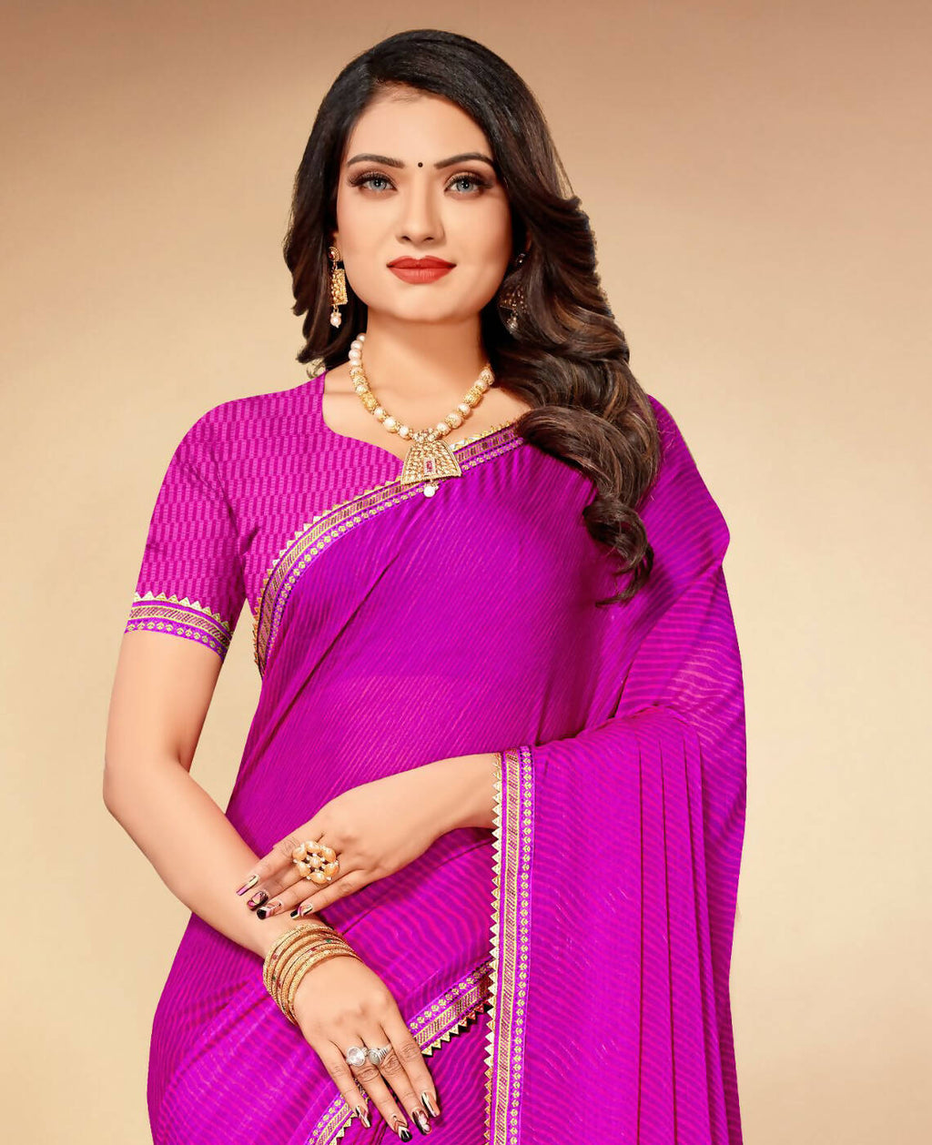 Purple Chiffon Leheriya Printed Saree With Unstitched Blouse Piece - Swarna | Grocsy