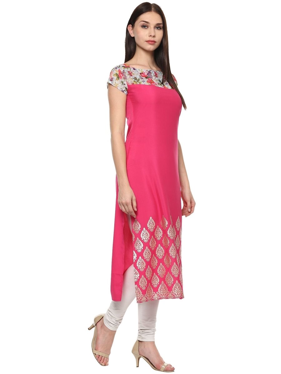 Ahalyaa Women's Pink Chanderi Printed Kurta | Grocsy