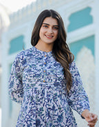 Kaajh Women's White-Blue Hand Block Printed Cotton Top | Grocsy